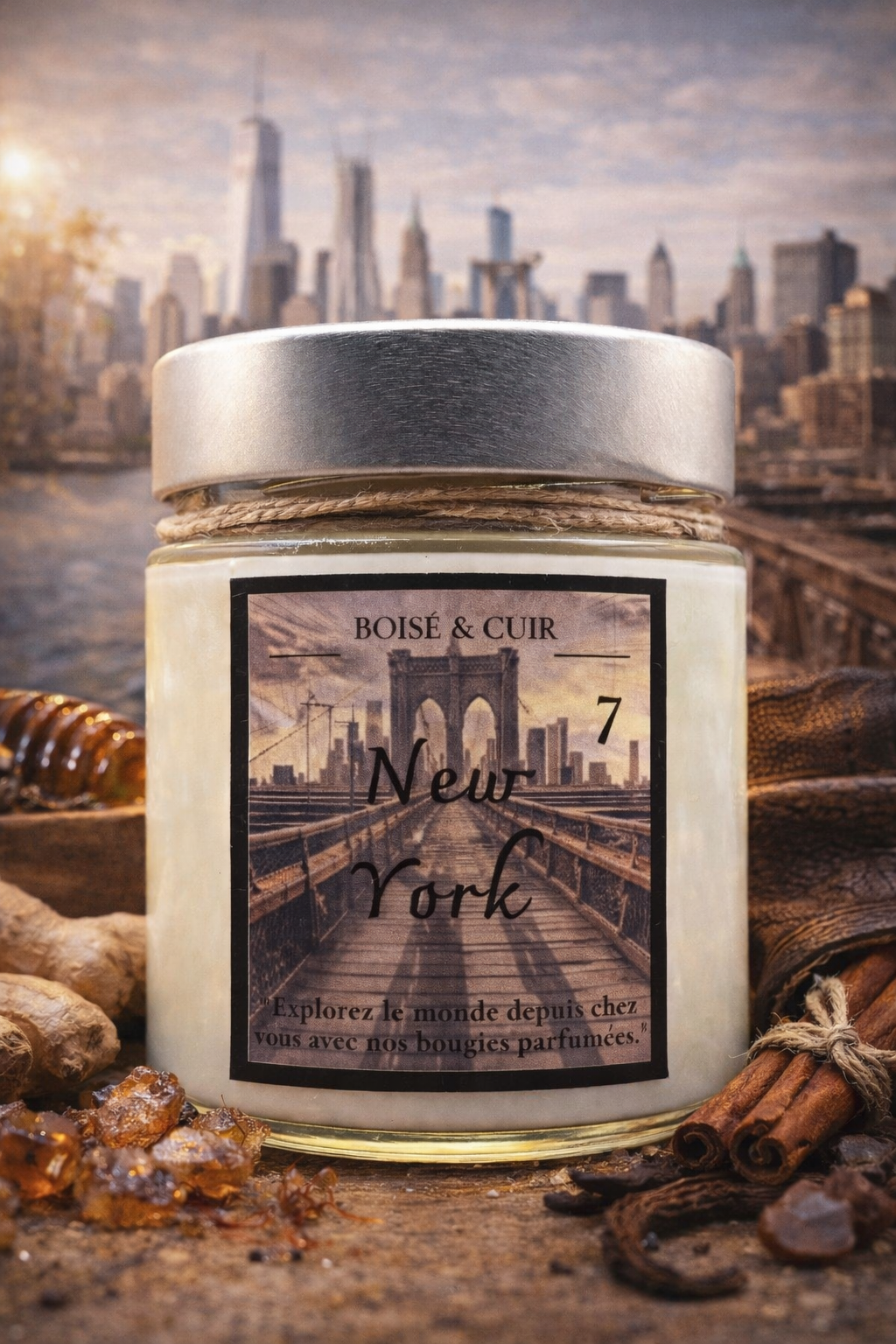 Bougie parfumée artisanale New York – Cuir & Boisé